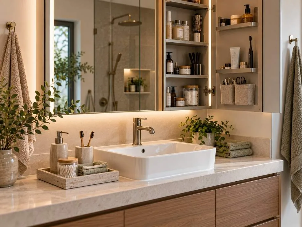 Bathroom vanity with organised toiletries, mirror cabinet and countertop storage tray - Beautiful Homes