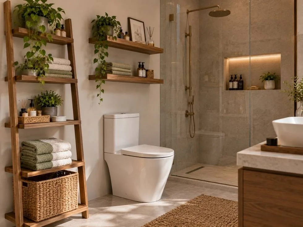 Bathroom with open shelves, ladder storage, and recessed shower niches - Beautiful Homes