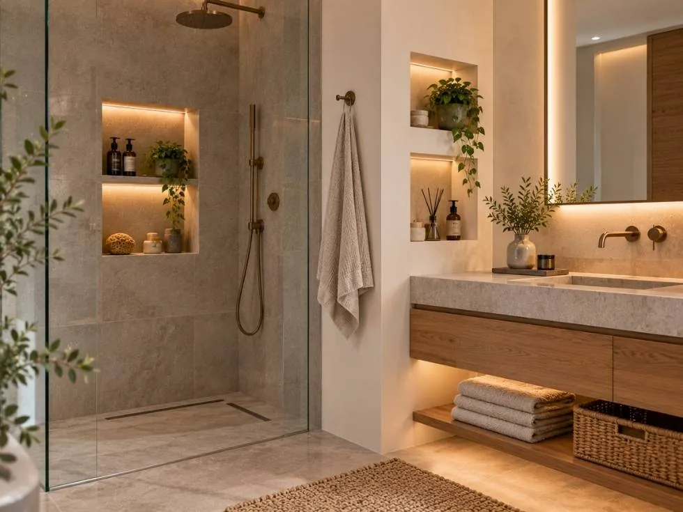 Modern bathroom featuring built in shower and vanity storage niches - Beautiful Homes