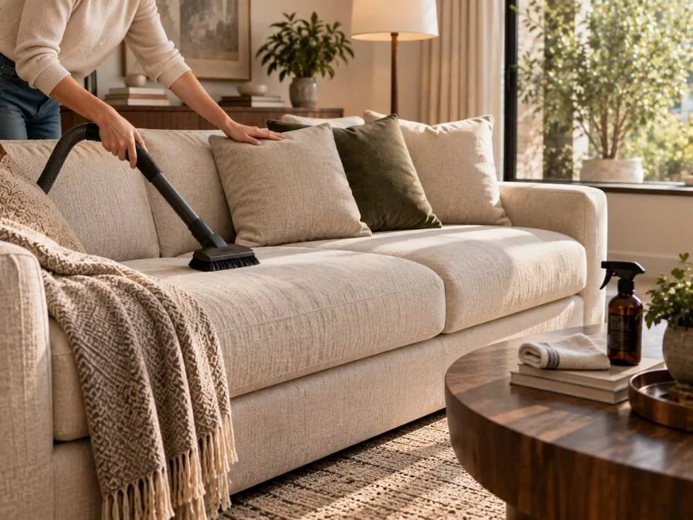 Vacuuming an upholstered sofa to maintain fabric and extend furniture lifespan - Beautiful Homes