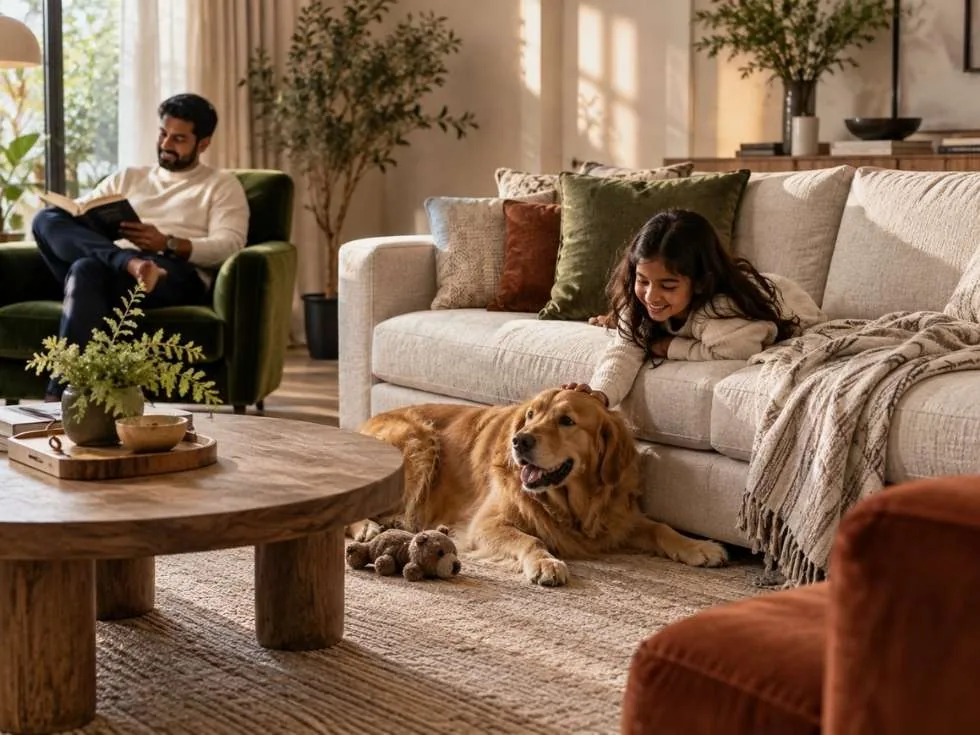 Family with a child and dog relaxing on upholstered furniture, showing how fabric choice supports everyday living - Beautiful Homes
