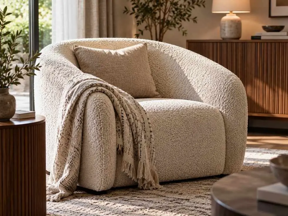 Bouclé upholstered accent chair showcasing the distinctive looped texture of a popular modern upholstery fabric - Beautiful Homes