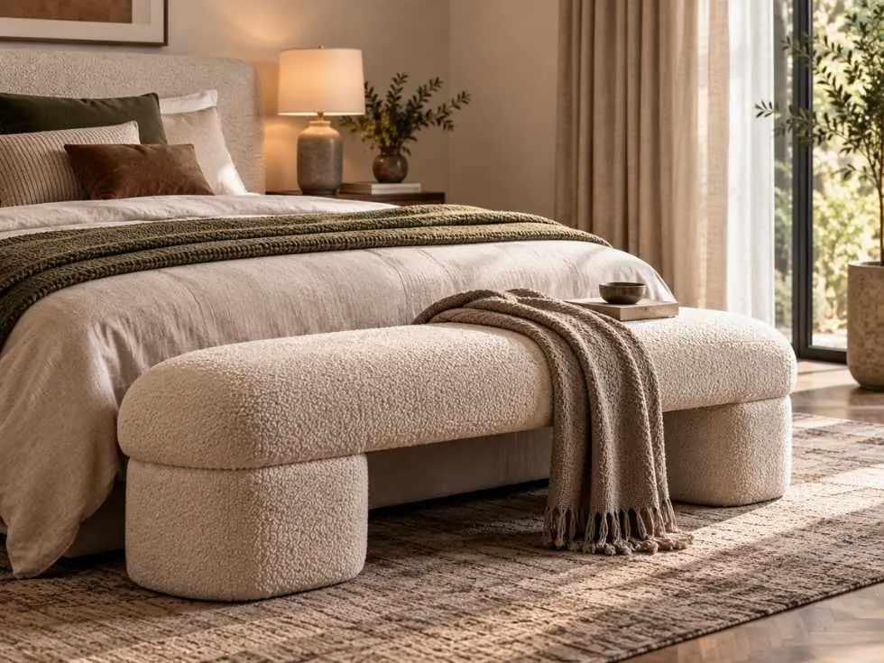 Bouclé upholstered bedroom bench highlighting the fabric’s soft looped texture, comfort and contemporary design appeal - Beautiful Homes