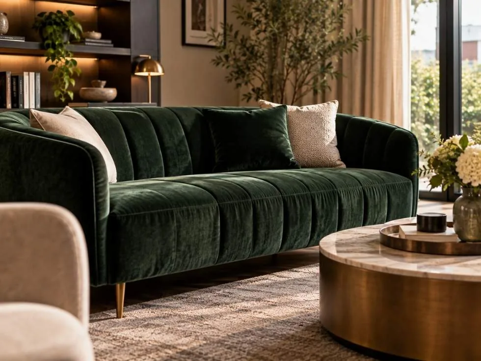 Deep green velvet sofa showcasing the fabric’s soft sheen, plush texture and luxurious appearance in a modern living room - Beautiful Homes