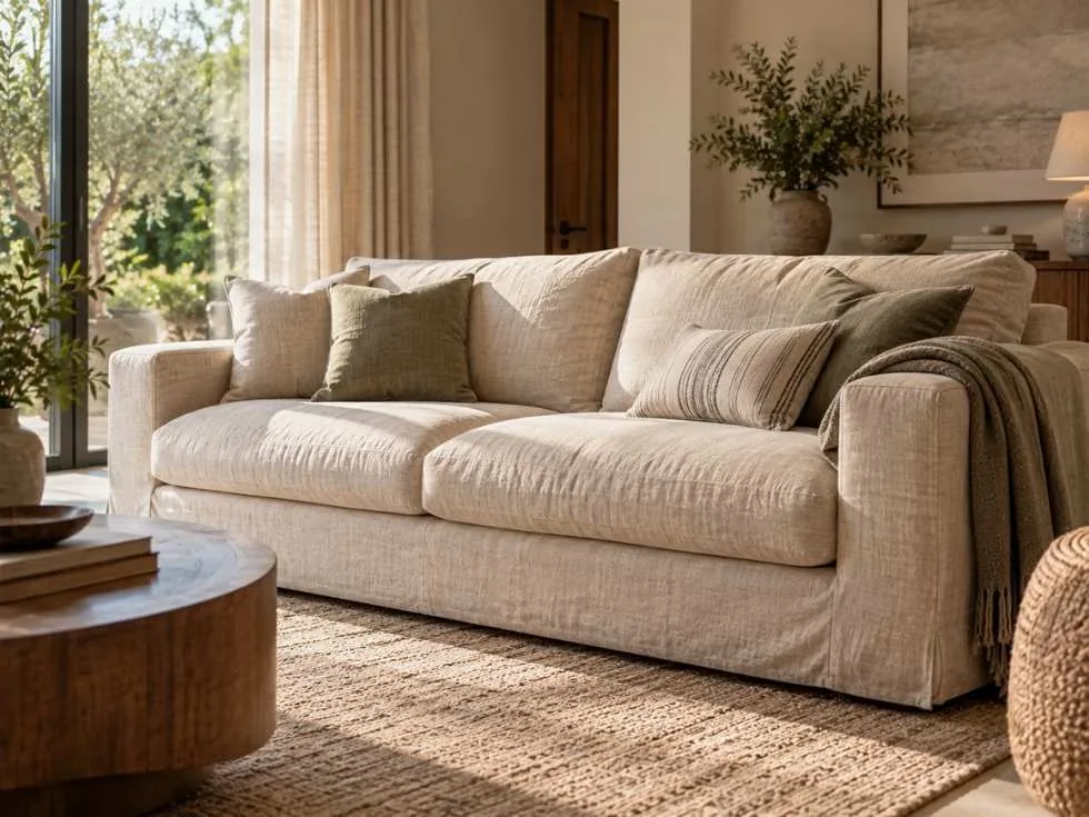 Neutral linen upholstered sofa showcasing breathable texture, relaxed styling and timeless appeal in a bright living room - Beautiful Homes