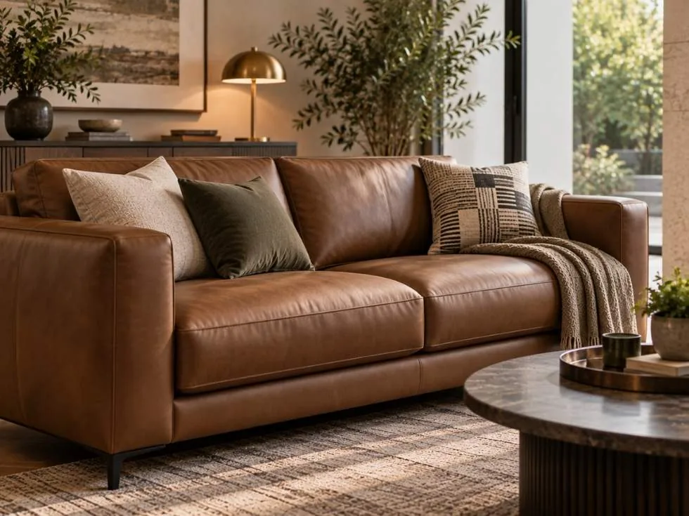 Brown leatherette upholstered sofa showcasing a smooth, durable, easy to maintain surface in a contemporary living room - Beautiful Homes
