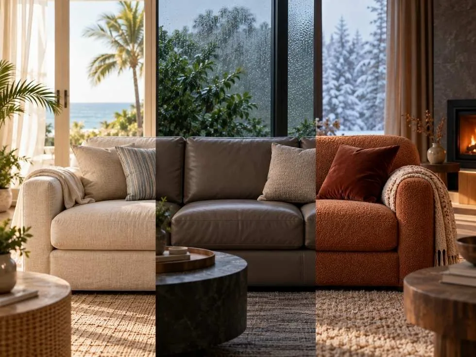 Comparison of linen, leatherette, and bouclé upholstered sofas showing suitable fabric choices for warm, humid, and cold climates - Beautiful Homes