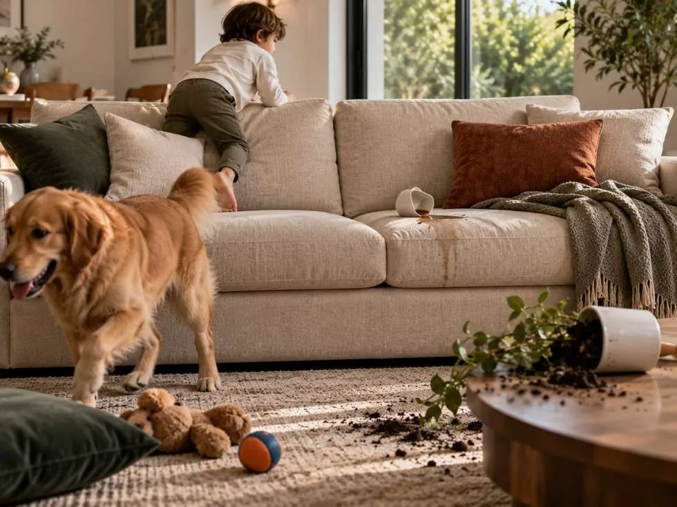 Family sofa facing spills, pets, and daily wear from everyday living - Beautiful Homes
