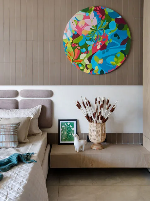 Beige and cream bedroom with artwork and Asian Paints fabrics - Beautiful Homes